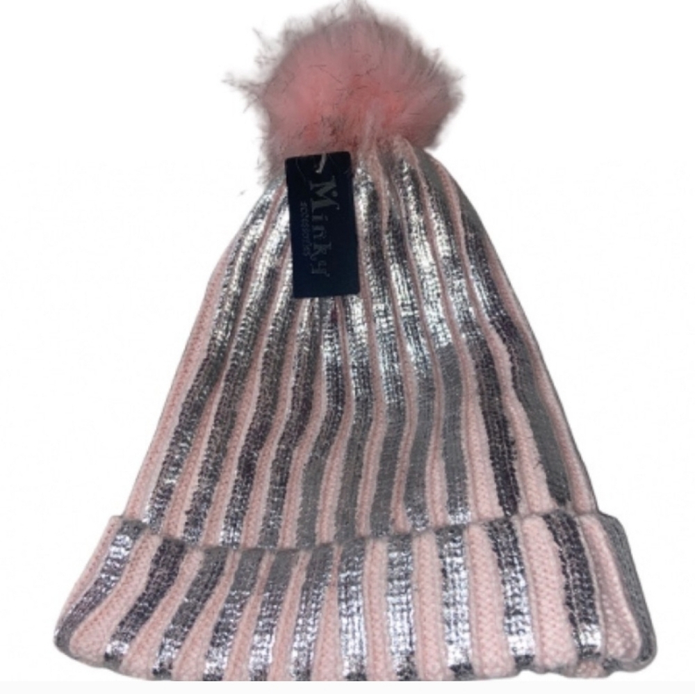 Yinshifu Pink and Silver Striped Beanie